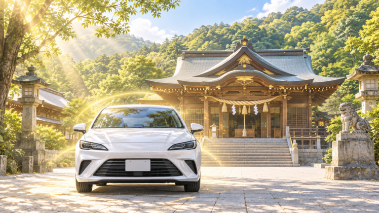 速谷神社の車祓いガイド｜料金・受付時間・申込事項と交通安全の由緒を題材にしたイメージイラスト（実景の再現ではありません）