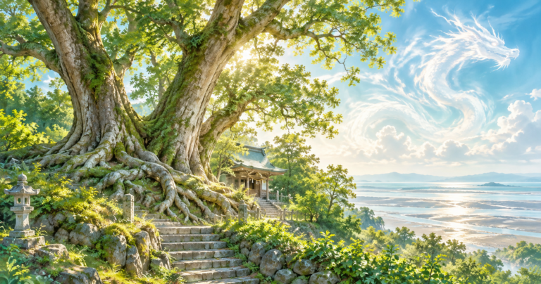 海童神社の大楠と海神信仰をイメージした、石段と龍の雲のイラスト