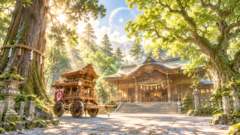 公智神社の由緒とご利益｜西宮の木の神とだんじり祭り、参拝ガイドを題材にしたイメージイラスト（実景の再現ではありません）
