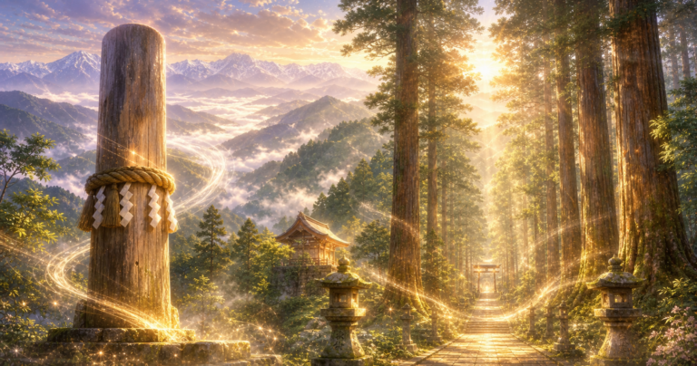 長野のパワースポットを象徴する信州の山間にたたずむ神社の幻想的な写真