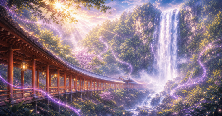 岡山のパワースポットを象徴する吉備津神社の回廊と滝の幻想的な写真