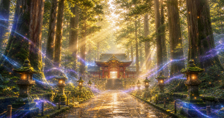 栃木のパワースポットを象徴する日光の杉並木参道と朱色の社殿の幻想的な写真